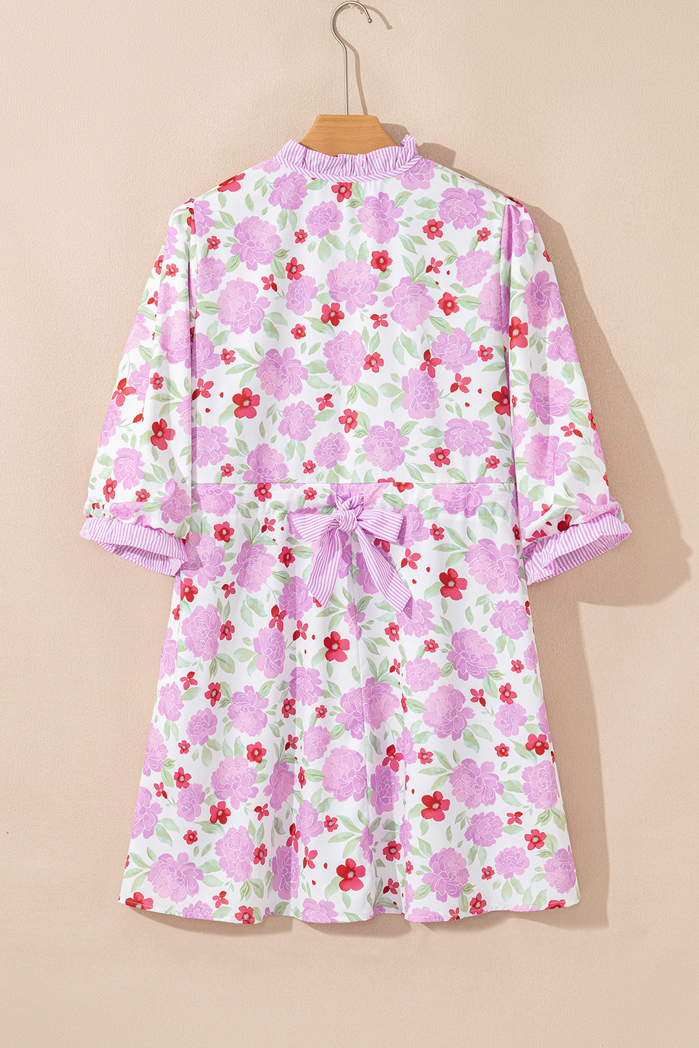 Pink Floral Print Striped Trim Flowy Mini Dress