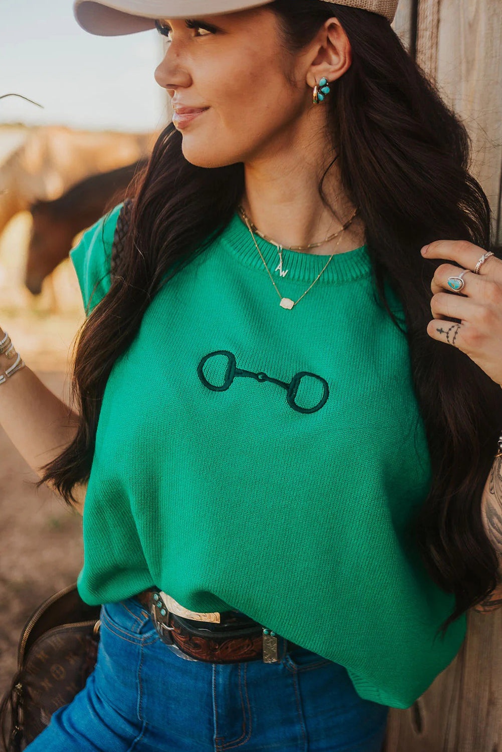 Green Bit Embroidered Knit Top