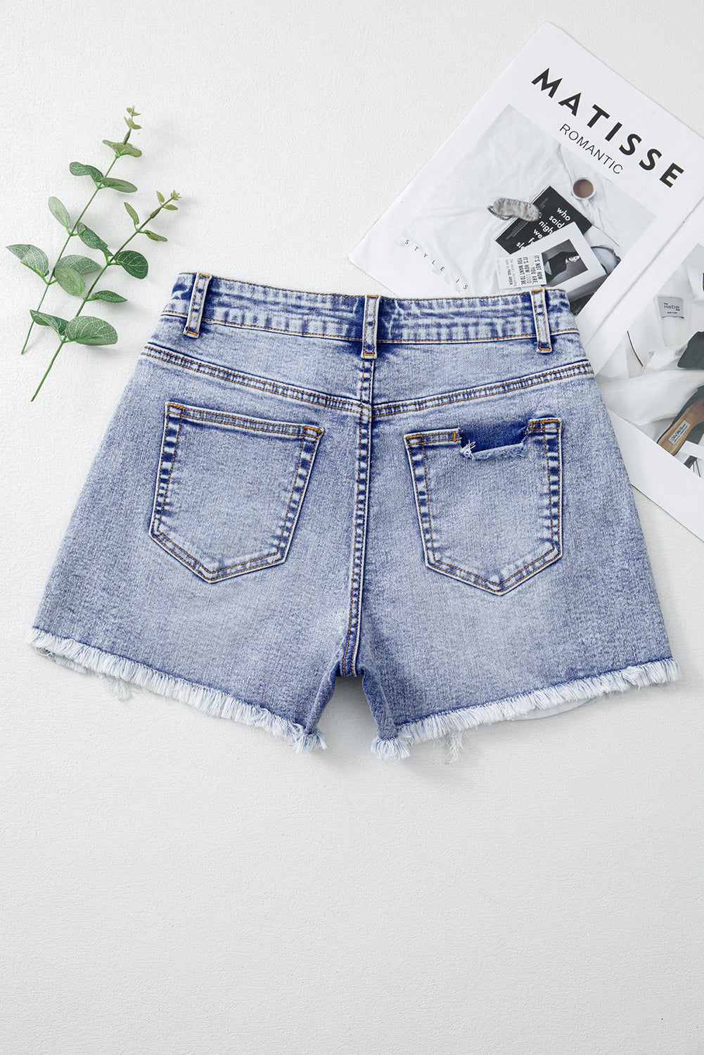 Beau Blue Pearl Studded Pocket Raw Hem Denim Shorts