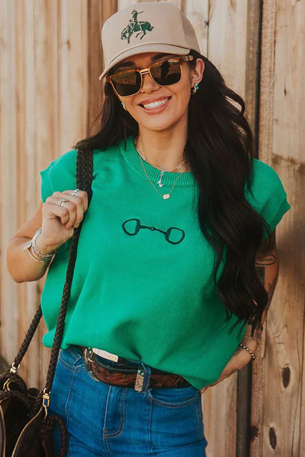 Green Bit Embroidered Knit Top