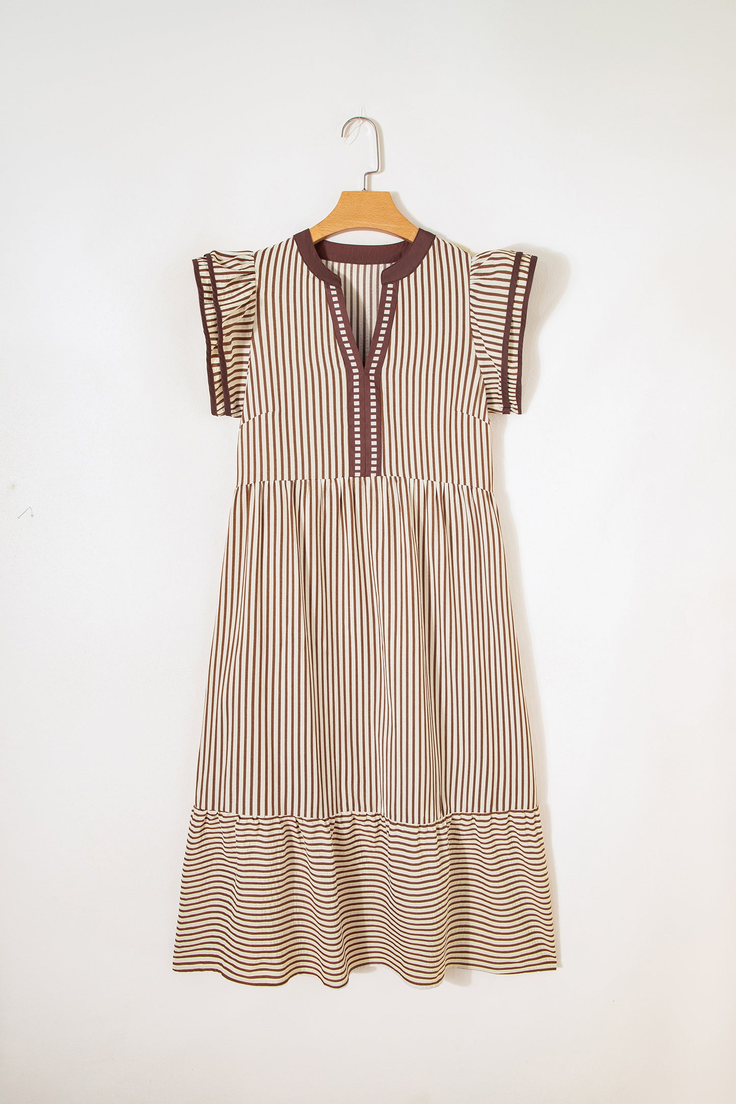 Brown Stripe Double Ruffled Short Sleeve Contrast Trim V Neck Midi Dress