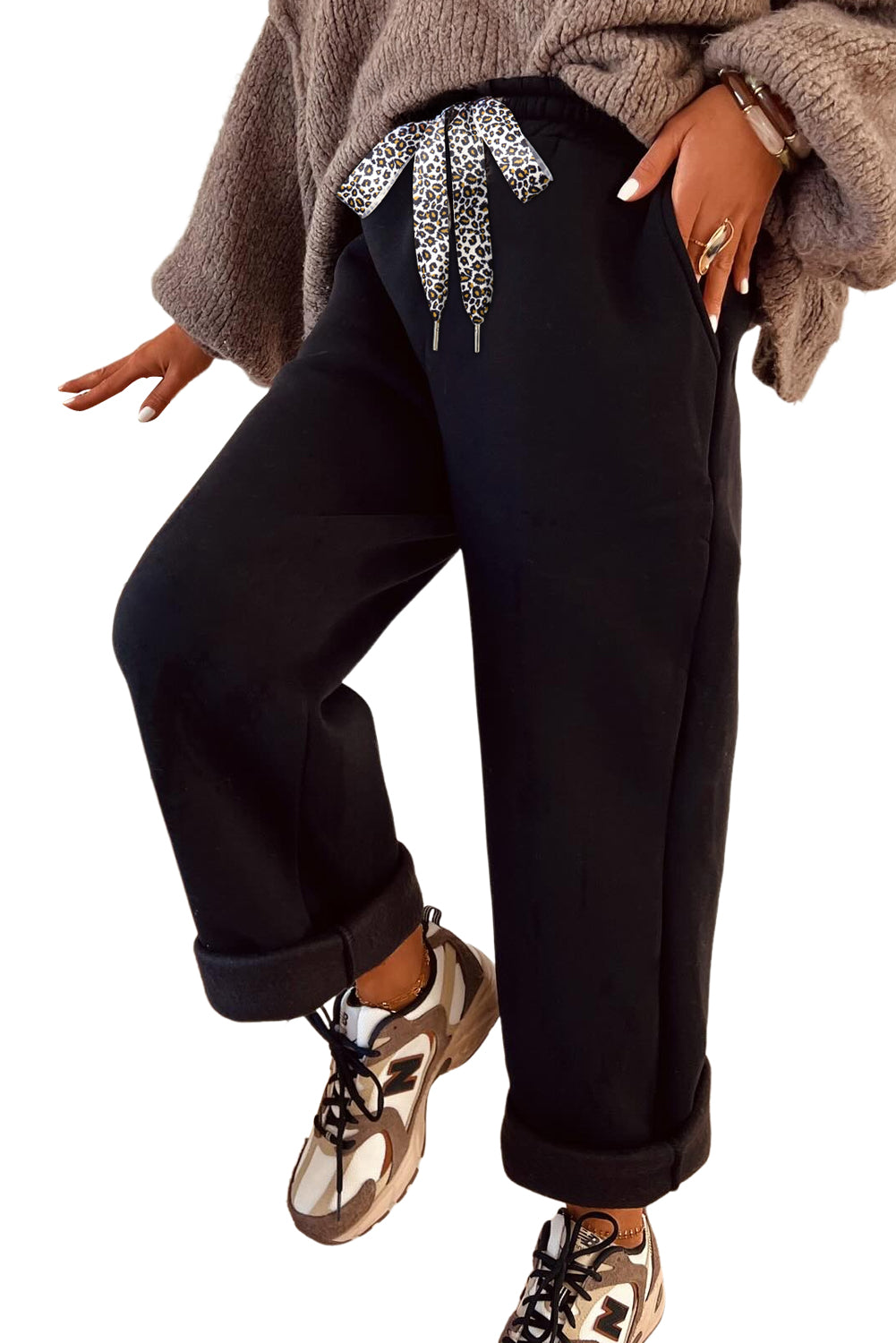 Black Leopard Drawstring Fleece Pants