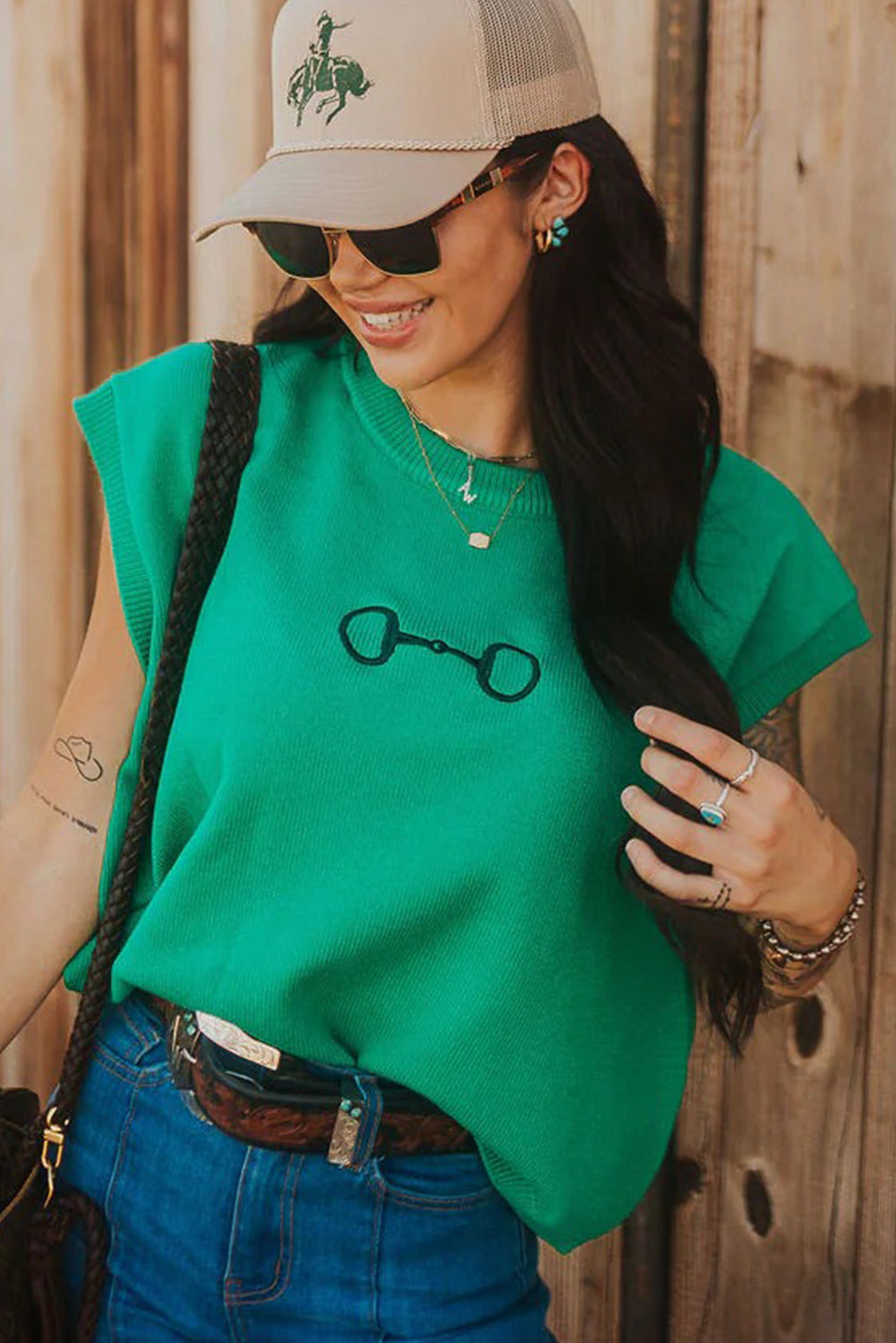 Green Bit Embroidered Knit Top