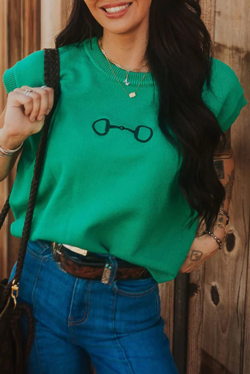 Green Bit Embroidered Knit Top