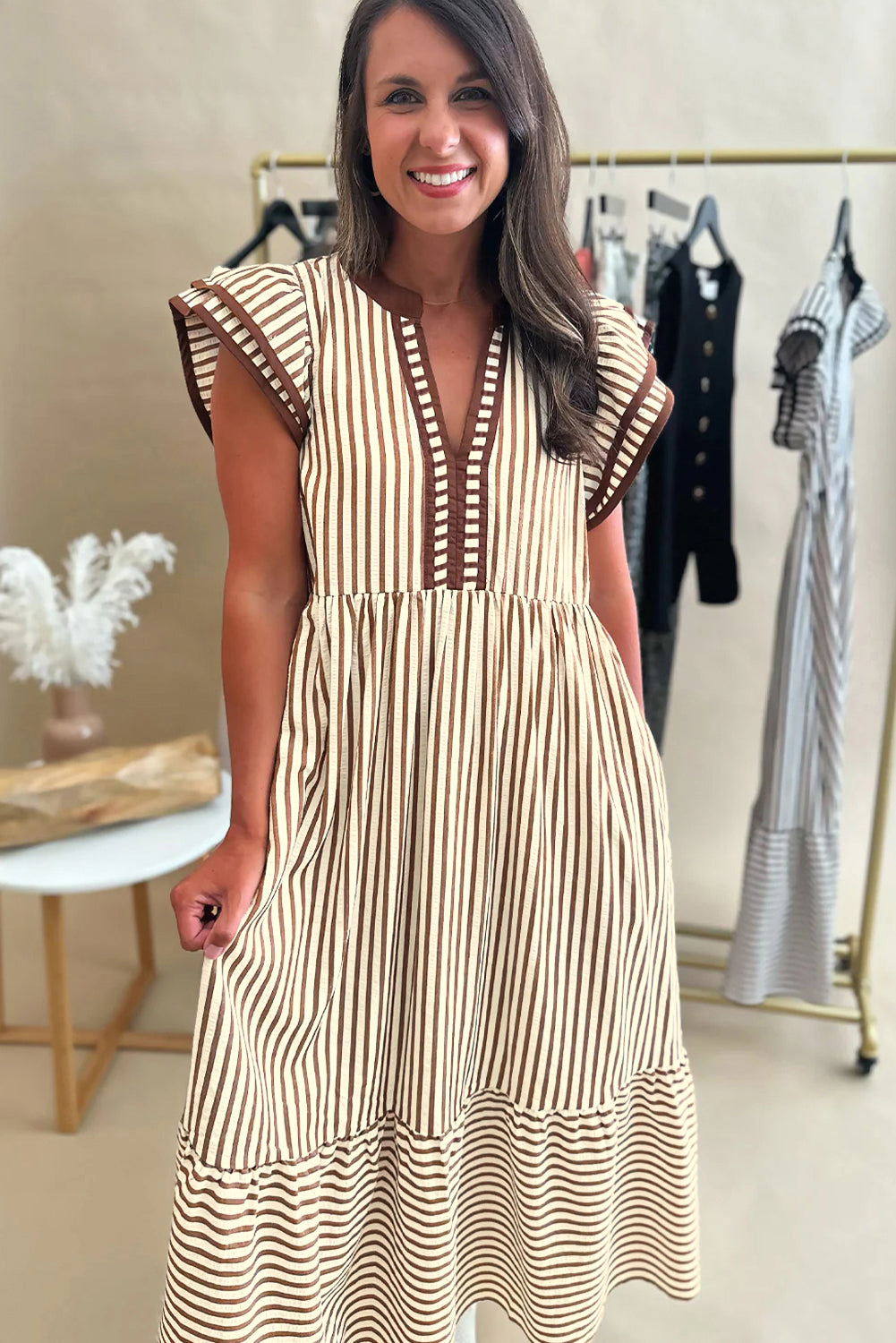 Brown Stripe Double Ruffled Short Sleeve Contrast Trim V Neck Midi Dress