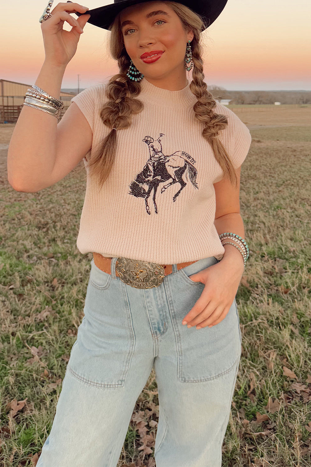 Western Cowboy Graphic Knit Top