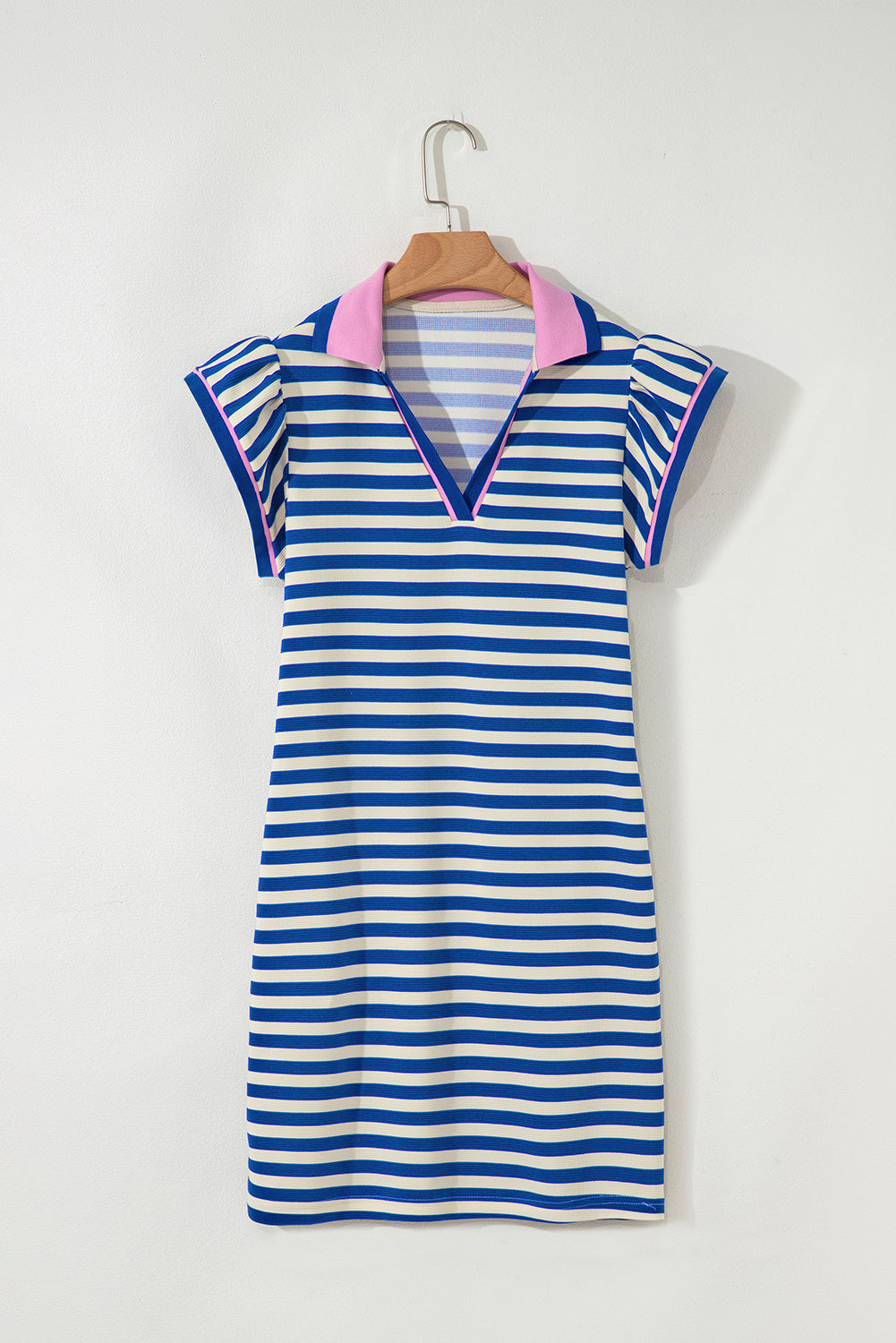 Dark Blue Striped Ruffle Short Sleeve Pop of Color Neckline Dress