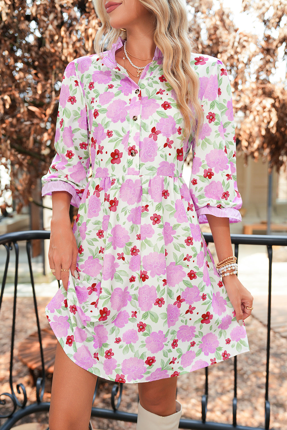 Pink Floral Print Striped Trim Flowy Mini Dress