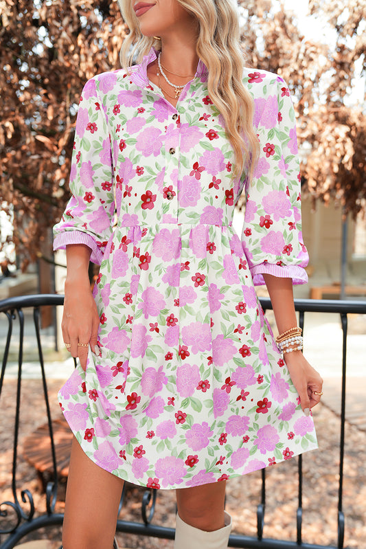 Pink Floral Print Striped Trim Flowy Mini Dress