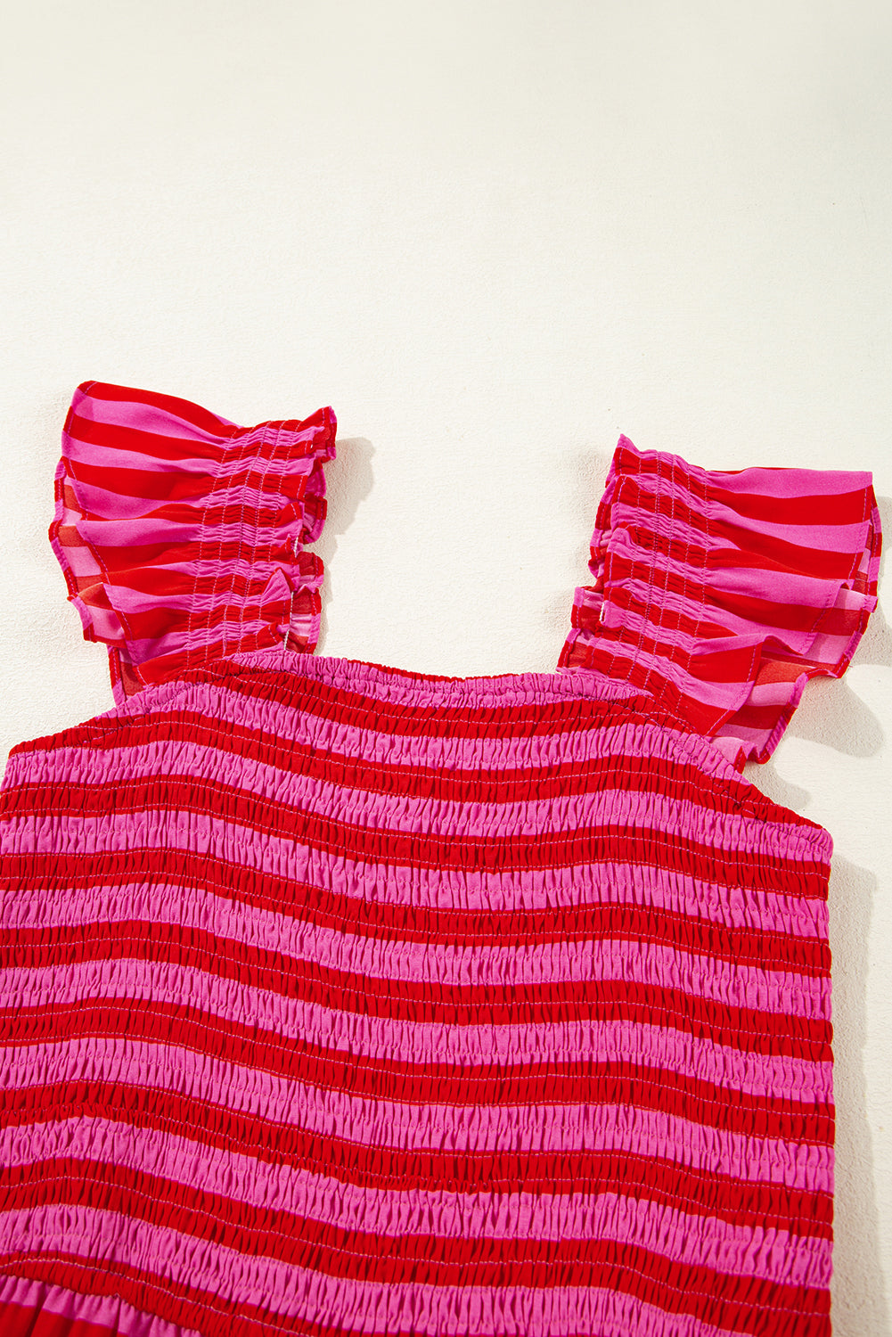 Rose Stripe Ruffle Strap Shirred Bodice Tiered Maxi Dress
