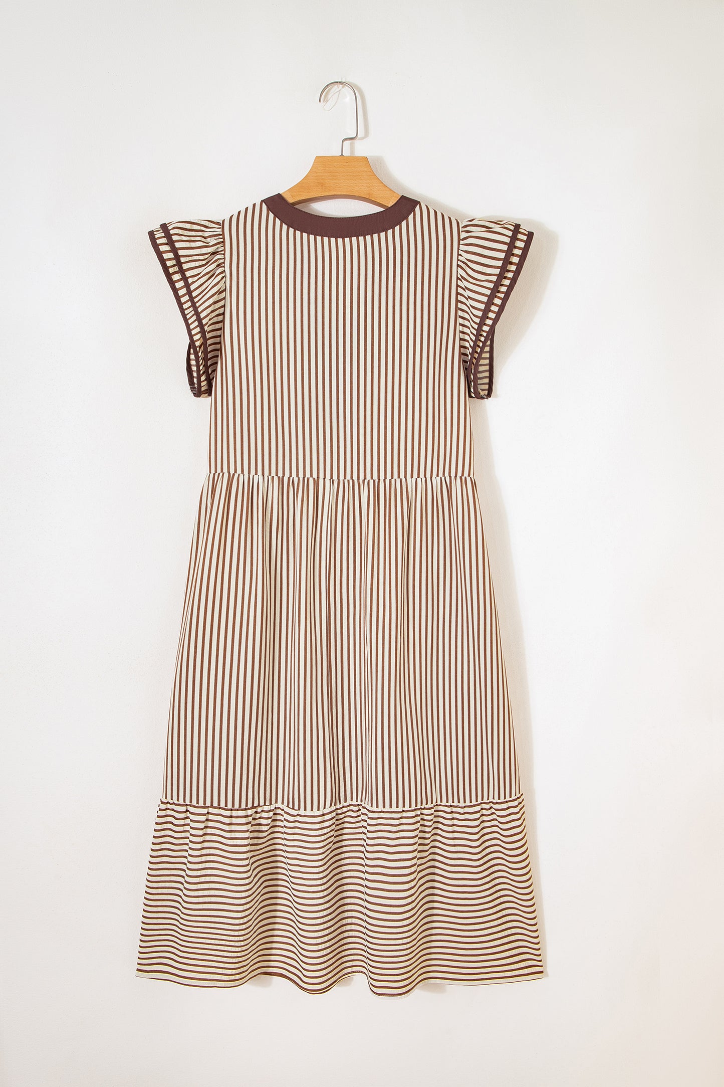 Brown Stripe Double Ruffled Short Sleeve Contrast Trim V Neck Midi Dress