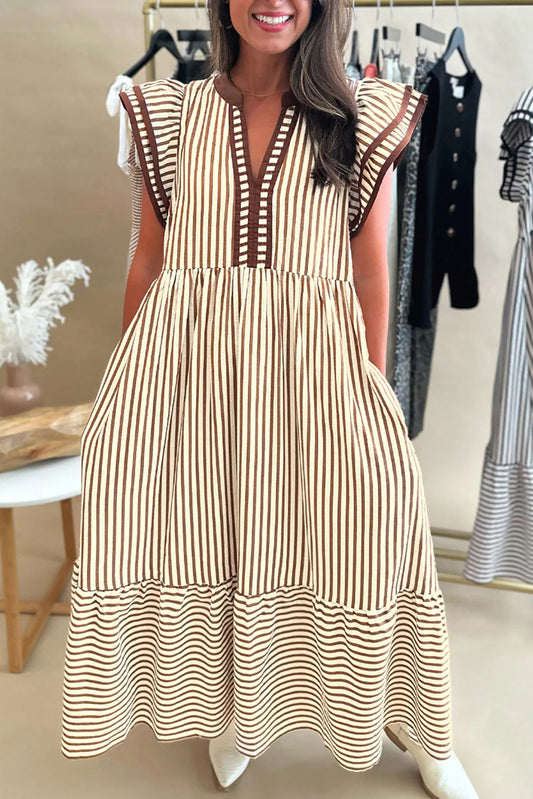 Brown Stripe Double Ruffled Short Sleeve Contrast Trim V Neck Midi Dress