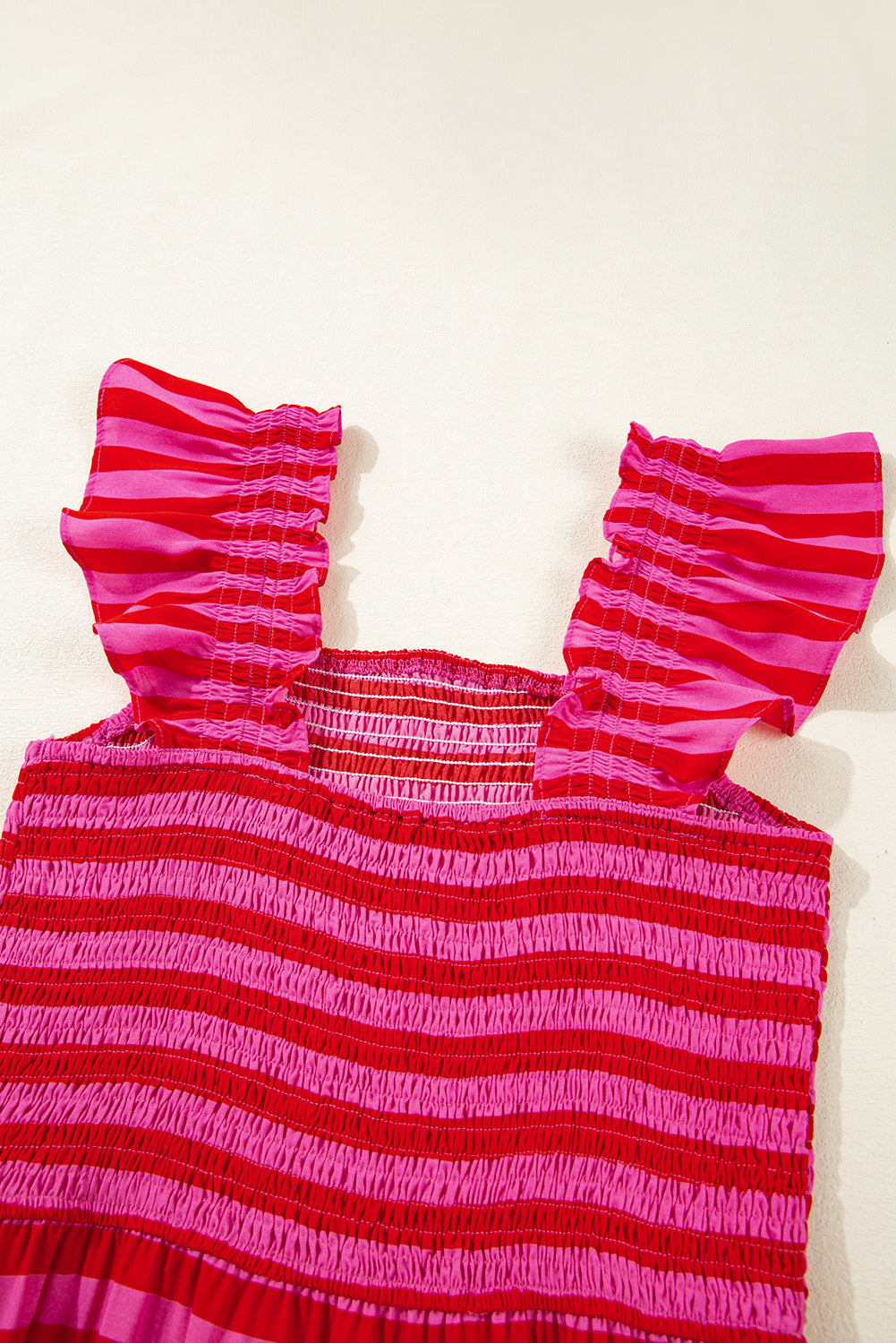 Rose Stripe Ruffle Strap Shirred Bodice Tiered Maxi Dress